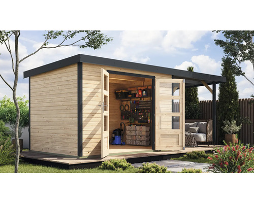 Gartenhaus Karibu Metalwood 4A Blech anthrazit inkl. Anbaudach 2,35 m 541,5 x 236,5 cm natur Gartenhaus Karibu Metalwood 4A Blech anthrazit inkl. Anbaudach 2,35 m 541,5 x 236,5 cm natur