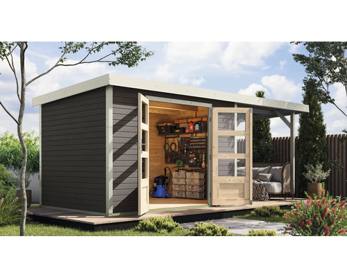 Gartenhaus Karibu Metalwood 4B Blech weiß inkl. Anbaudach 2,35 m 541,5 x 236,5 cm terragrau Gartenhaus Karibu Metalwood 4B Blech weiß inkl. Anbaudach 2,35 m 541,5 x 236,5 cm terragrau
