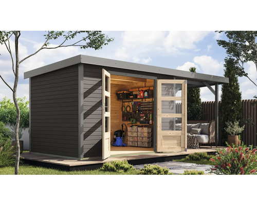 Gartenhaus Karibu Metalwood 4B Blech graualu inkl. Anbaudach 2,35 m 541,5 x 236,5 cm terragrau Gartenhaus Karibu Metalwood 4B Blech graualu inkl. Anbaudach 2,35 m 541,5 x 236,5 cm terragrau