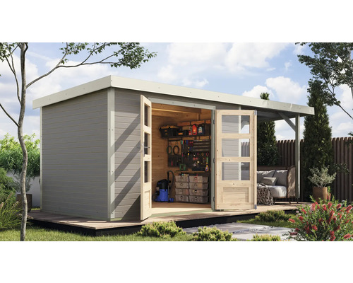 Gartenhaus Karibu Metalwood 4D Blech weiß inkl. Anbaudach 2,35 m 541,5 x 236,5 cm wassergrau Gartenhaus Karibu Metalwood 4D Blech weiß inkl. Anbaudach 2,35 m 541,5 x 236,5 cm wassergrau