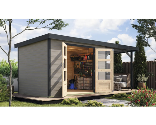 Gartenhaus Karibu Metalwood 4D Blech anthrazit inkl. Anbaudach 2,35 m 541,5 x 236,5 cm wassergrau Gartenhaus Karibu Metalwood 4D Blech anthrazit inkl. Anbaudach 2,35 m 541,5 x 236,5 cm wassergrau
