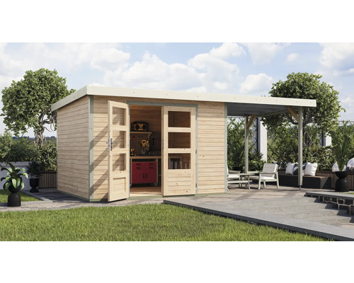 Gartenhaus Karibu Metalwood 5A Blech weiß inkl. Anbaudach 2,35 m 541,5 x 266,5 cm natur Gartenhaus Karibu Metalwood 5A Blech weiß inkl. Anbaudach 2,35 m 541,5 x 266,5 cm natur
