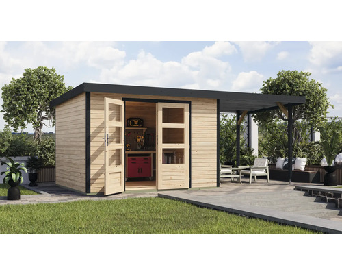Gartenhaus Karibu Metalwood 5A Blech anthrazit inkl. Anbaudach 2,35 m 541,5 x 266,5 cm natur Gartenhaus Karibu Metalwood 5A Blech anthrazit inkl. Anbaudach 2,35 m 541,5 x 266,5 cm natur