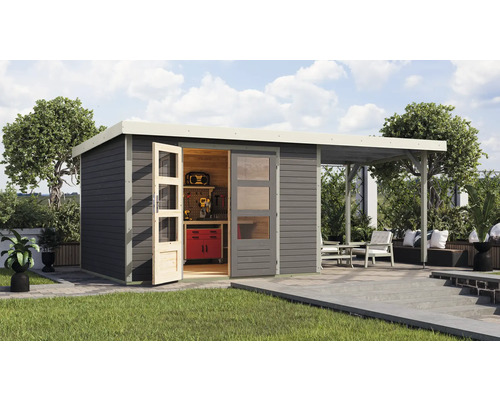 Gartenhaus Karibu Metalwood 5B Blech weiß inkl. Anbaudach 2,35 m 541,5 x 266,5 cm terragrau Gartenhaus Karibu Metalwood 5B Blech weiß inkl. Anbaudach 2,35 m 541,5 x 266,5 cm terragrau