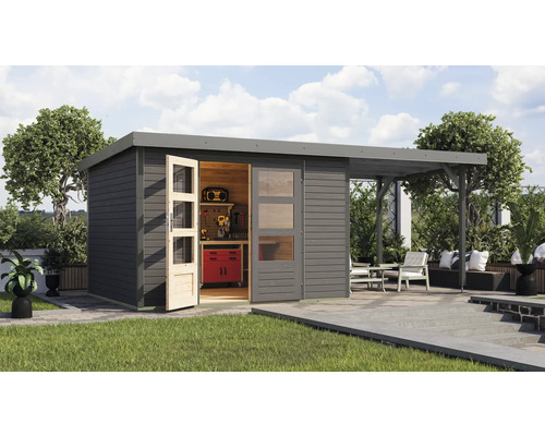 Gartenhaus Karibu Metalwood 5B Blech graualu inkl. Anbaudach 2,35 m 541,5 x 266,5 cm terragrau Gartenhaus Karibu Metalwood 5B Blech graualu inkl. Anbaudach 2,35 m 541,5 x 266,5 cm terragrau
