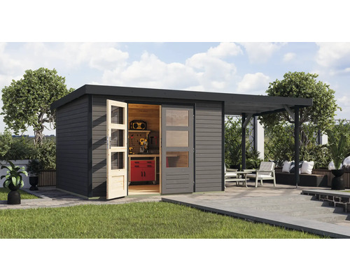 Gartenhaus Karibu Metalwood 5B Blech anthrazit inkl. Anbaudach 2,35 m 541,5 x 266,5 cm terragrau