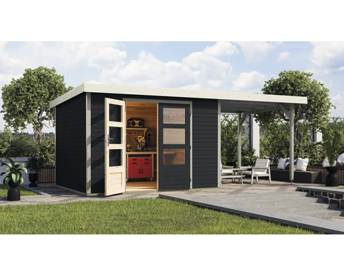 Gartenhaus Karibu Metalwood 5C Blech weiß inkl. Anbaudach 2,35 m 541,5 x 266,5 cm anthrazit Gartenhaus Karibu Metalwood 5C Blech weiß inkl. Anbaudach 2,35 m 541,5 x 266,5 cm anthrazit