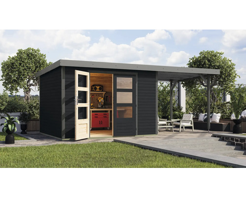 Gartenhaus Karibu Metalwood 5C Blech graualu inkl. Anbaudach 2,35 m 541,5 x 266,5 cm anthrazit Gartenhaus Karibu Metalwood 5C Blech graualu inkl. Anbaudach 2,35 m 541,5 x 266,5 cm anthrazit
