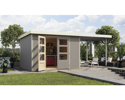 Gartenhaus Karibu Metalwood 5D Blech weiß inkl. Anbaudach 2,35 m 541,5 x 266,5 cm wassergrau Gartenhaus Karibu Metalwood 5D Blech weiß inkl. Anbaudach 2,35 m 541,5 x 266,5 cm wassergrau