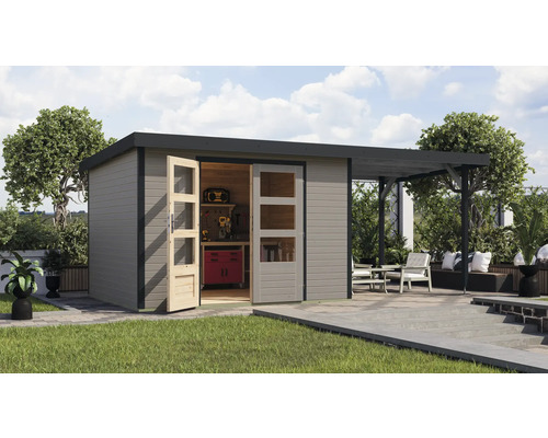 Gartenhaus Karibu Metalwood 5D Blech anthrazit inkl. Anbaudach 2,35 m 541,5 x 266,5 cm wassergrau Gartenhaus Karibu Metalwood 5D Blech anthrazit inkl. Anbaudach 2,35 m 541,5 x 266,5 cm wassergrau