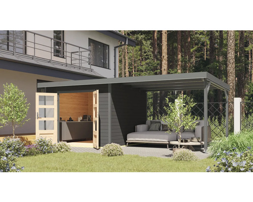 Gartenhaus Karibu Metalwood 2 6B Blech graualu inkl. Anbaudach 3 m 595,5 x 292,4 cm terragrau Gartenhaus Karibu Metalwood 2 6B Blech graualu inkl. Anbaudach 3 m 595,5 x 292,4 cm terragrau