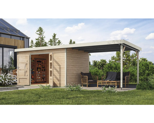 Gartenhaus Karibu Metalwood 2 7A Blech weiß inkl. Anbaudach 3 m 692,5 x 273 cm natur