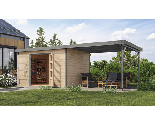 Gartenhaus Karibu Metalwood 2 7A Blech graualu inkl. Anbaudach 3 m 692,5 x 273 cm natur Gartenhaus Karibu Metalwood 2 7A Blech graualu inkl. Anbaudach 3 m 692,5 x 273 cm natur