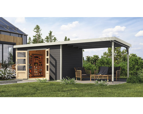 Gartenhaus Karibu Metalwood 2 7B Blech weiß inkl. Anbaudach 3 m 692,5 x 273 cm terragrau Gartenhaus Karibu Metalwood 2 7B Blech weiß inkl. Anbaudach 3 m 692,5 x 273 cm terragrau