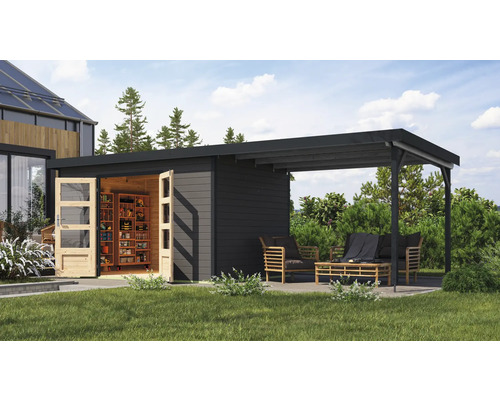 Gartenhaus Karibu Metalwood 2 7B Blech anthrazit inkl. Anbaudach 3 m 692,5 x 273 cm terragrau Gartenhaus Karibu Metalwood 2 7B Blech anthrazit inkl. Anbaudach 3 m 692,5 x 273 cm terragrau
