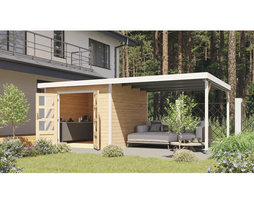 Gartenhaus Karibu Metalwood 2A Blech weiß inkl. Anbaudach 567 x 292 cm natur
