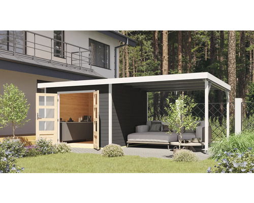 Gartenhaus Karibu Metalwood 2B Blech weiß inkl. Anbaudach 574 x 292 cm terragrau Gartenhaus mit Lounge-Bereich und offener Holztür im Außenbereich