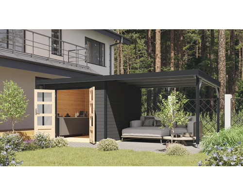 Gartenhaus Karibu Metalwood 2B Blech anthrazit inkl. Anbaudach 574 x 292 cm terragrau Gartenhaus mit überdachter Terrasse, Gartenmöbeln und Holzküche