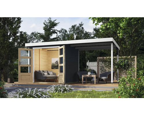 Gartenhaus Karibu Metalwood Blech weiß inkl. Anbaudach 453 x 237 cm anthrazit Modernes Gartenhaus mit Terrasse, Sitzmöbeln und Schiebetüren aus Holz.
