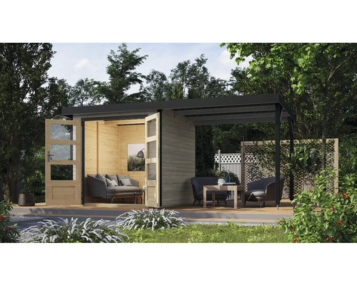 Gartenhaus Karibu Metalwood Blech anthrazit inkl. Anbau 453 x 237 cm wassergrau Modernes Gartenhaus mit Terrasse und Lounge-Möbeln im Garten