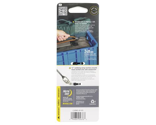 Verpackung des Nite Ize CamJam Gurtspanners mit einer maximalen Arbeitslast von 109 kg