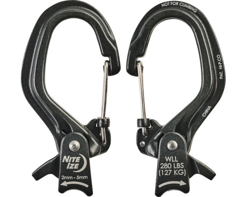 Zwei Nite Ize Karabinerhaken, nicht zum Klettern geeignet.