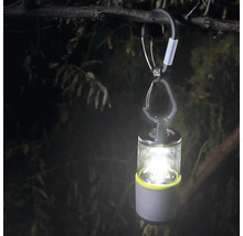 Leuchtende LED-Laterne mit Karabiner hängt an einem Ast.