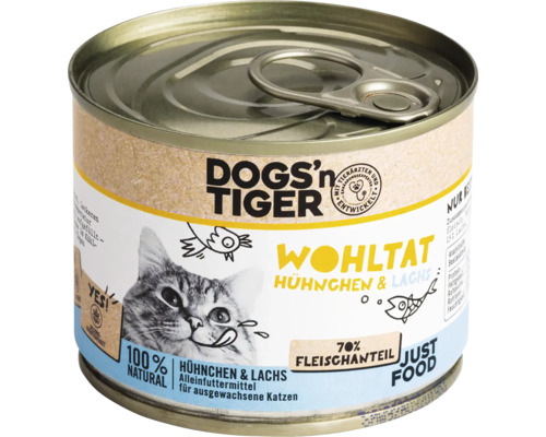 Katzenfutter nass DOGS`n TIGER Wohltat Hühnchen & Lachs 200 g kein Zucker, kein Getreide und keine künstlichen Aroma-, Farb- und Konservierungsstoffe Katzenfutter nass DOGS`n TIGER Wohltat Hühnchen & Lachs 200 g kein Zucker, kein Getreide und keine künstlichen Aroma-, Farb- und Konservierungsstoffe