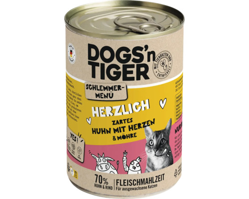 Katzenfutter nass DOGS`n TIGER Herzlich Schlemmermenü Huhn mit Herzen & Möhren 400 g kein Zucker, kein Getreide und keine künstlichen Aroma-, Farb- und Konservierungsstoffe 