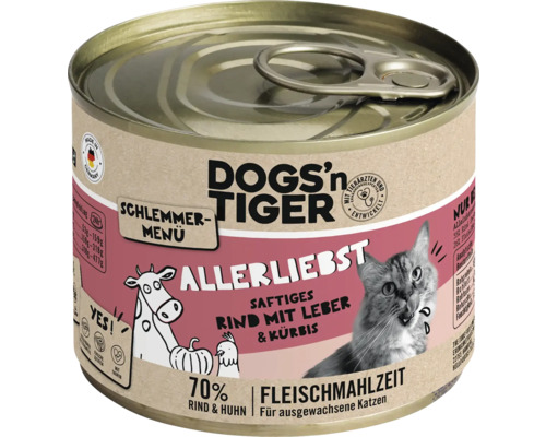 Katzenfutter nass DOGS`n TIGER Allerliebst Schlemmermenü Rind mit Leber & Kürbis 200 g kein Zucker, kein Getreide und keine künstlichen Aroma-, Farb- und Konservierungsstoffe Katzenfutter nass DOGS`n TIGER Allerliebst Schlemmermenü Rind mit Leber & Kürbis 200 g kein Zucker, kein Getreide und keine künstlichen Aroma-, Farb- und Konservierungsstoffe