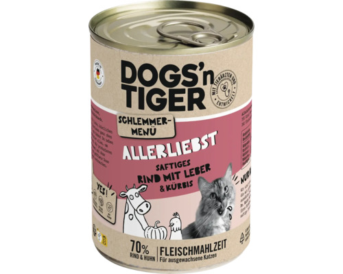 Katzenfutter nass DOGS`n TIGER Allerliebst Schlemmermenü Rind mit Leber & Kürbis 400 g kein Zucker, kein Getreide und keine künstlichen Aroma-, Farb- und Konservierungsstoffe Katzenfutter nass DOGS`n TIGER Allerliebst Schlemmermenü Rind mit Leber & Kürbis 400 g kein Zucker, kein Getreide und keine künstlichen Aroma-, Farb- und Konservierungsstoffe
