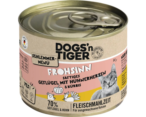 Katzenfutter nass DOGS`n TIGER Frohsinn Schlemmermenü Geflügel mit Hühnerherzen & Kürbis 200 g kein Zucker, kein Getreide und keine künstlichen Aroma-, Farb- und Konservierungsstoffe Katzenfutter nass DOGS`n TIGER Frohsinn Schlemmermenü Geflügel mit Hühnerherzen & Kürbis 200 g kein Zucker, kein Getreide und keine künstlichen Aroma-, Farb- und Konservierungsstoffe