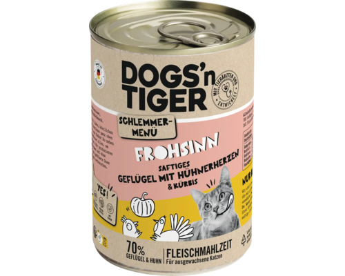 Katzenfutter nass DOGS`n TIGER Frohsinn Schlemmermenü Geflügel mit Hühnerherzen & Kürbis 400 g kein Zucker, kein Getreide und keine künstlichen Aroma-, Farb- und Konservierungsstoffe Katzenfutter nass DOGS`n TIGER Frohsinn Schlemmermenü Geflügel mit Hühnerherzen & Kürbis 400 g kein Zucker, kein Getreide und keine künstlichen Aroma-, Farb- und Konservierungsstoffe