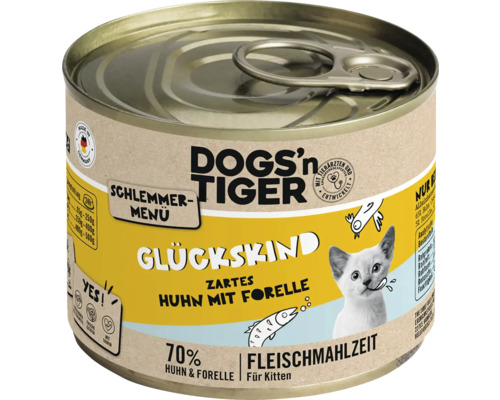 Katzenfutter nass DOGS`n TIGER Glückskind Schlemmermenü Kitten Huhn mit Forelle 200 g kein Zucker, kein Getreide und keine künstlichen Aroma-, Farb- und Konservierungsstoffe Katzenfutter nass DOGS`n TIGER Glückskind Schlemmermenü Kitten Huhn mit Forelle 200 g kein Zucker, kein Getreide und keine künstlichen Aroma-, Farb- und Konservierungsstoffe