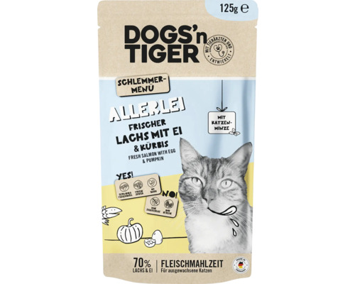 Katzenfutter nass DOGS`n TIGER Allerlei Schlemmermenü Lachs mit Ei & Kürbis 125 g kein Zucker, kein Getreide und keine künstlichen Aroma-, Farb- und Konservierungsstoffe