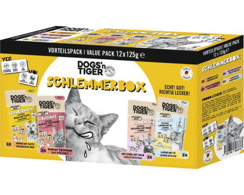 Dogs''n Tiger Schlemmerbox Katzenfutter Vorteilspack mit verschiedenen Geschmacksrichtungen