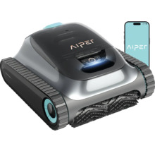 Aiper Logo auf einem Poolreinigungsroboter und einem Smartphone