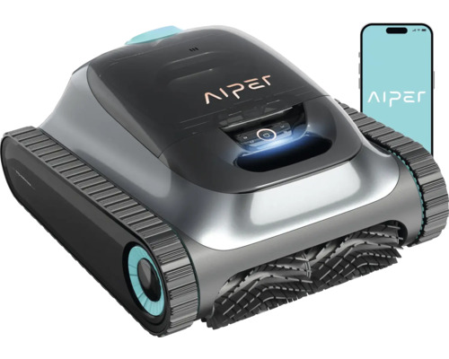 Aiper Scuba S1 2025, Poolroboter für Pools bis zu 150 m², kabellose Reinigung von Boden, Wänden und Wasserlinie, 15.900 l/h Durchflussrate, 180 Minuten Akkulaufzeit Aiper Logo auf einem Poolreinigungsroboter und einem Smartphone
