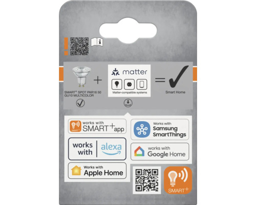 SMART+ Spot PAR16 50 GU10 Multicolor Produktverpackung mit Matter-Kompatibilität und Unterstützung für Smart Home Systeme