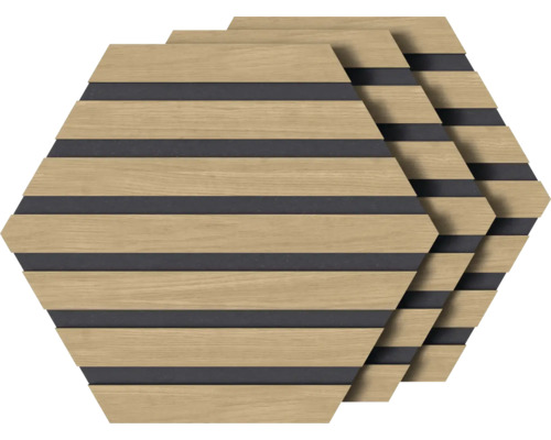 Drei sechseckige Akustikpaneele mit Holzstruktur und dunklen Streifen
