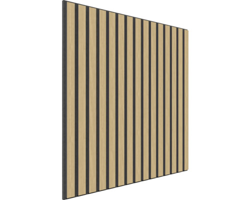 Akustikpaneel mit Holzlamellen und dunklem Filz