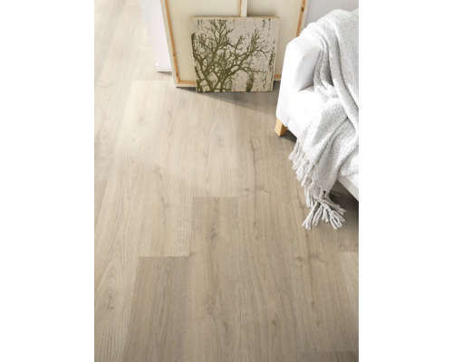 Heller Laminatboden in einem Wohnzimmer mit Sofa und Dekoration