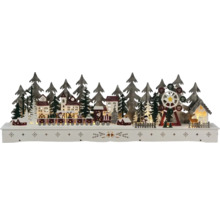 Dekorative hölzerne Weihnachtslandschaft mit Häusern, Bäumen, Eisenbahn und Riesenrad