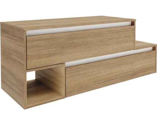 Waschbeckenunterschrank Fackelmann Vita links 128.7x51.6x46.5 cm mit Waschtischplatte summer oak Griffleiste weiß Holzfarbener Unterschrank mit zwei Schubladen und einem offenen Fach