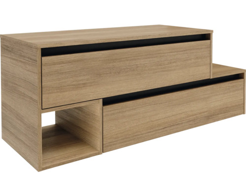 Waschbeckenunterschrank Fackemann Vita links 128.7x51.6x46.5 cm mit Waschtischplatte summer oak Griffleiste schwarz Möbel mit Schubladen zur Aufbewahrung