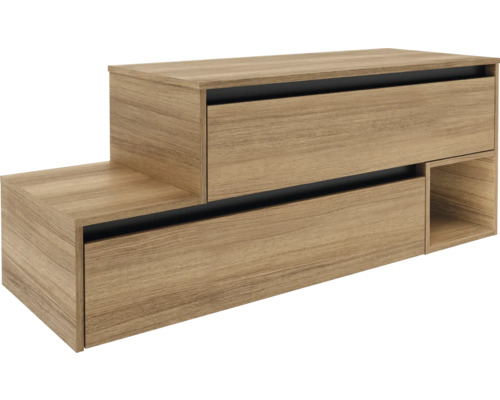 Waschbeckenunterschrank Fackelmann Vita rechts 128.5x50x46 cm mit Waschtischplatte summer oak Griffleiste schwarz Holzfarbener Schubladenschrank mit zwei Schubladen und einem offenen Fach