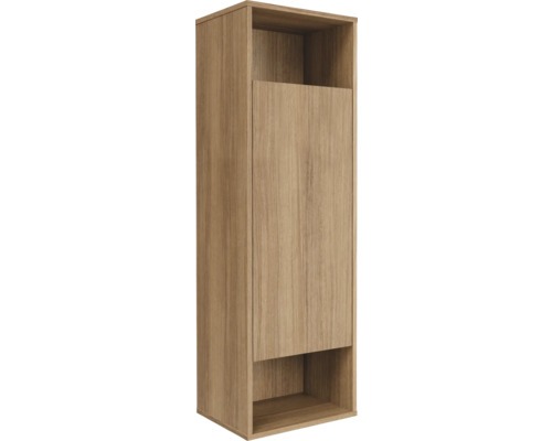 Holzfarbener Hochschrank mit Tür und offenen Fächern