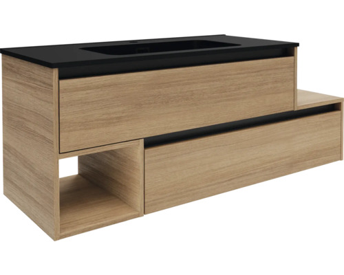 Waschbeckenunterschrank aus Holz mit Schubladen und Ablageflächen