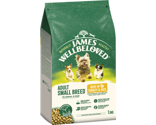 Hundefutter trocken JAMES WELLBELOVED™ Superfoods Adult Small Breed Turkey & Rice 1,5 kg für kleine Hunde mit Truhthahn und Reis, hypoallergen