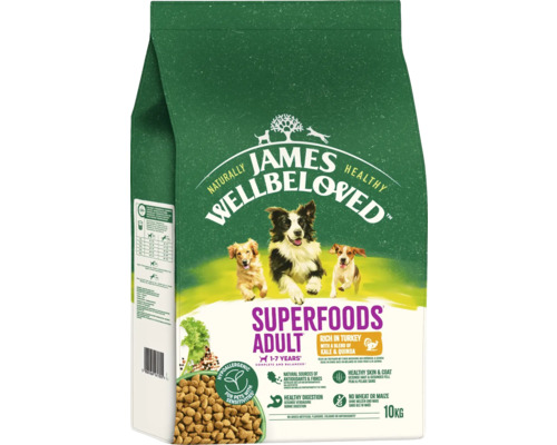 Hundefutter trocken JAMES WELLBELOVED™ Superfoods Adult Turkey 10 kg mit Truhthahn, Grünkohl und Quinoa, hypoallergen Hundefutter trocken JAMES WELLBELOVED™ Superfoods Adult Turkey 10 kg mit Truhthahn, Grünkohl und Quinoa, hypoallergen